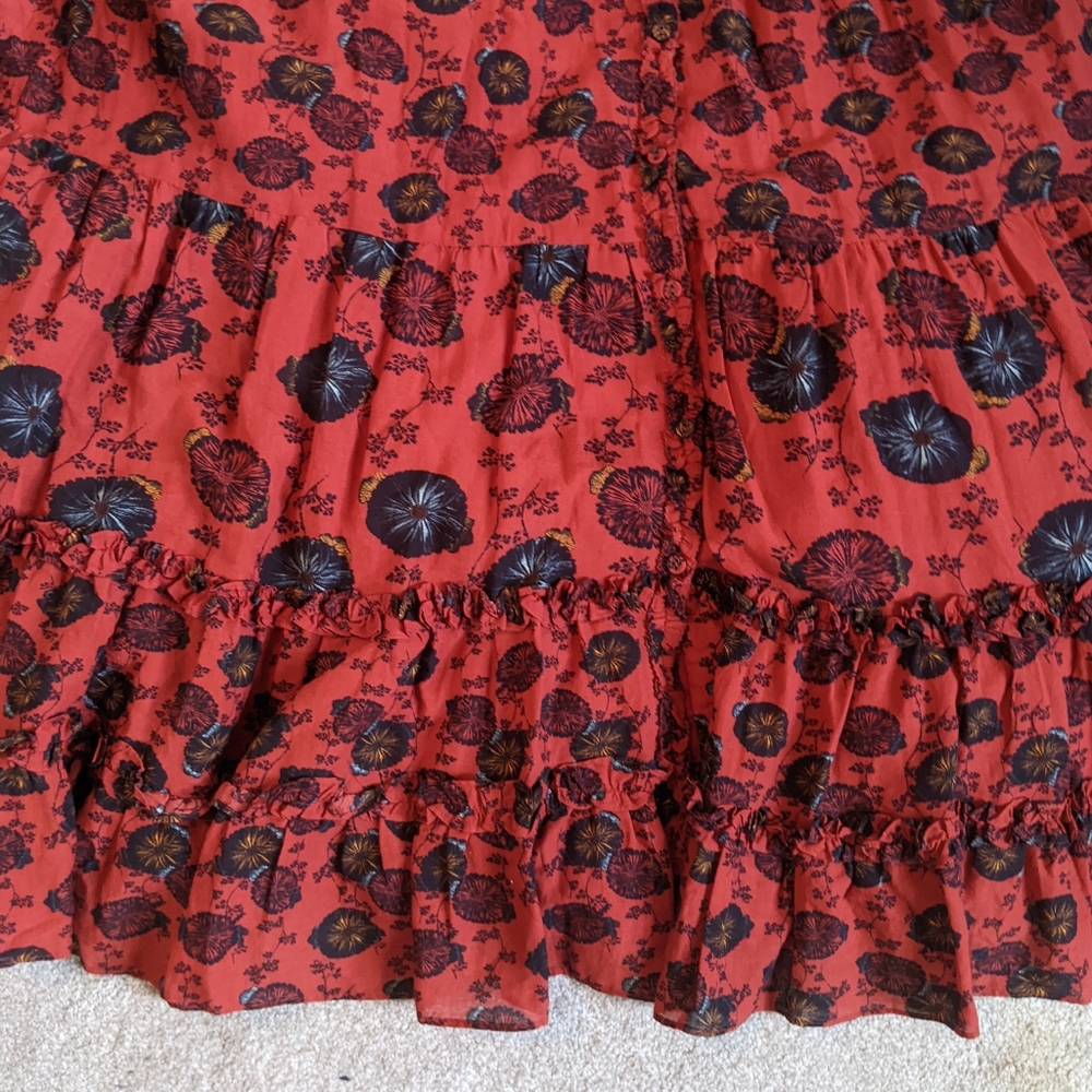 Ulla Johnson Red Floral Midi Dress with Black Accents - Picture 5 of 6
